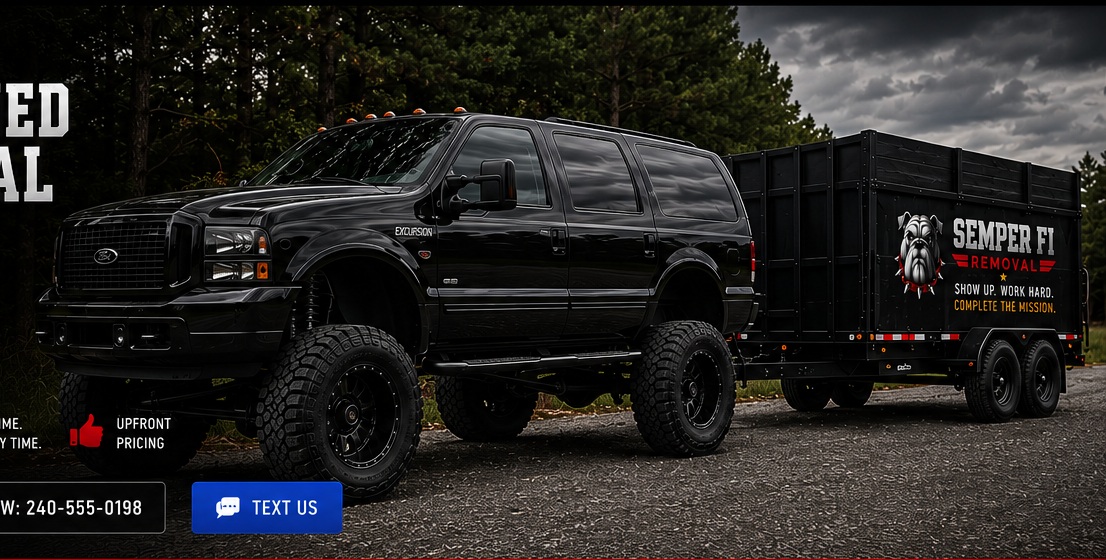Lifted black Ford Excursion towing a black landscaping trailer with black plywood walls and Semper Fi Removal branding